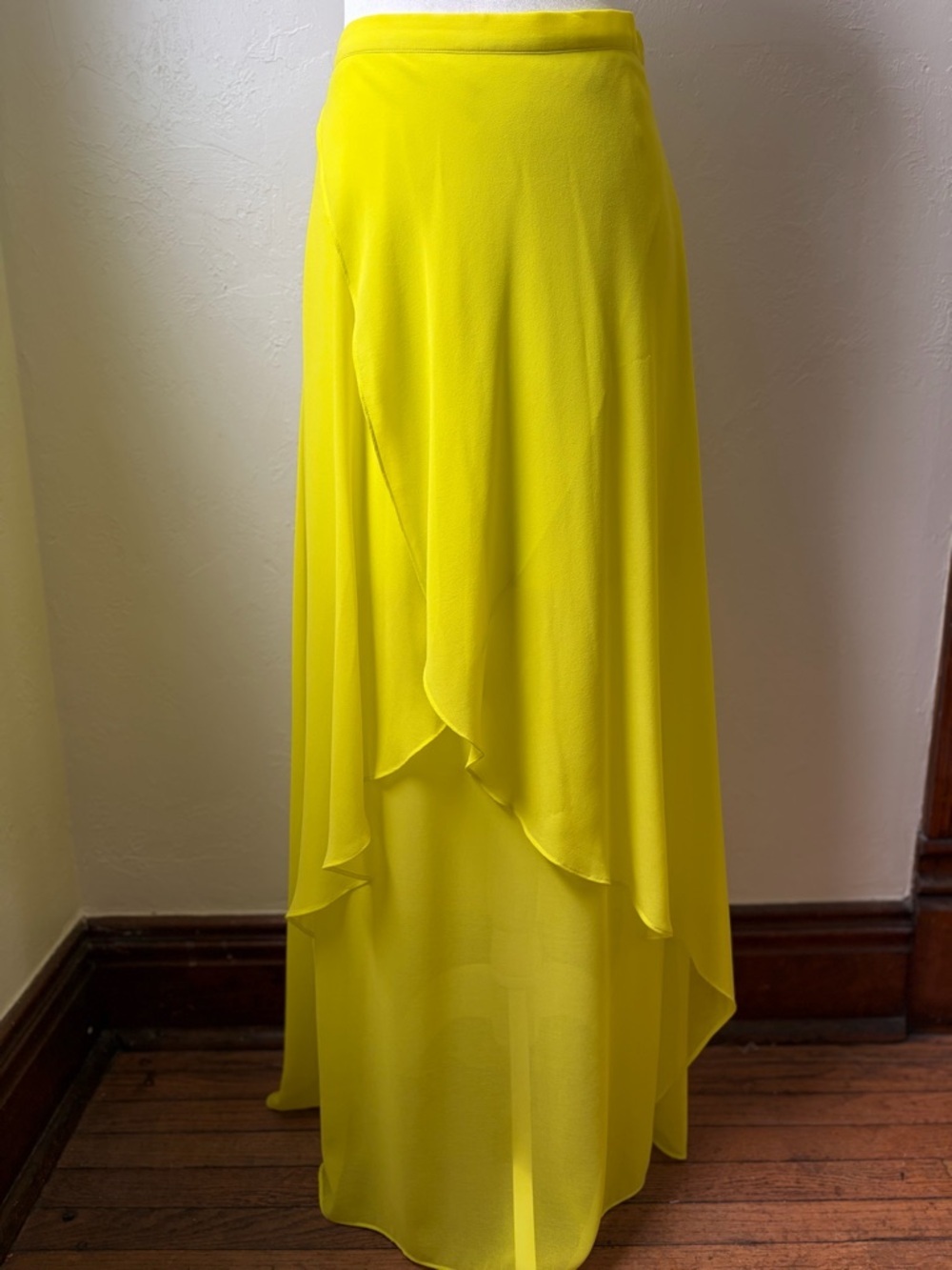 Bebe Neon Yellow Asymmetrical Maxi Skirt Sheer Overlay High Low Size 6 - Picture 3 of 10